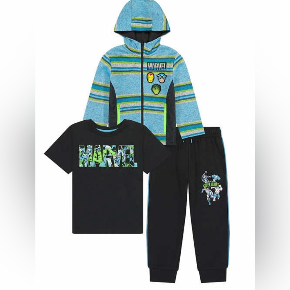 MARVEL Character Kids' 3-piece Sweater Set Hoodie Shirt Pants Sz 3T, 4T, 5 NEW